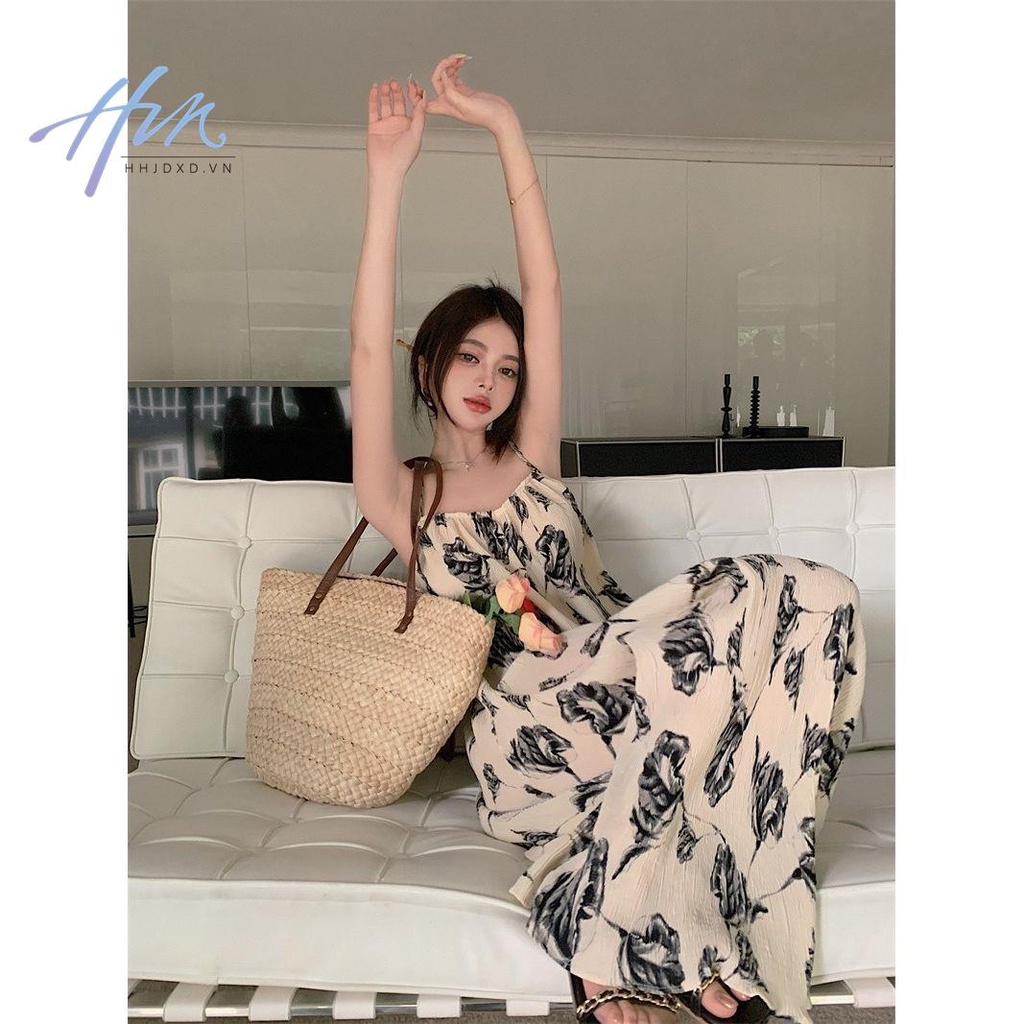 Đầm Hai Dây Dài Qua Gối Dáng Rộng In Họa Tiết Mực Cao Cấp Phong Cách Pháp Thời Trang Mùa Hè Cho Nữ