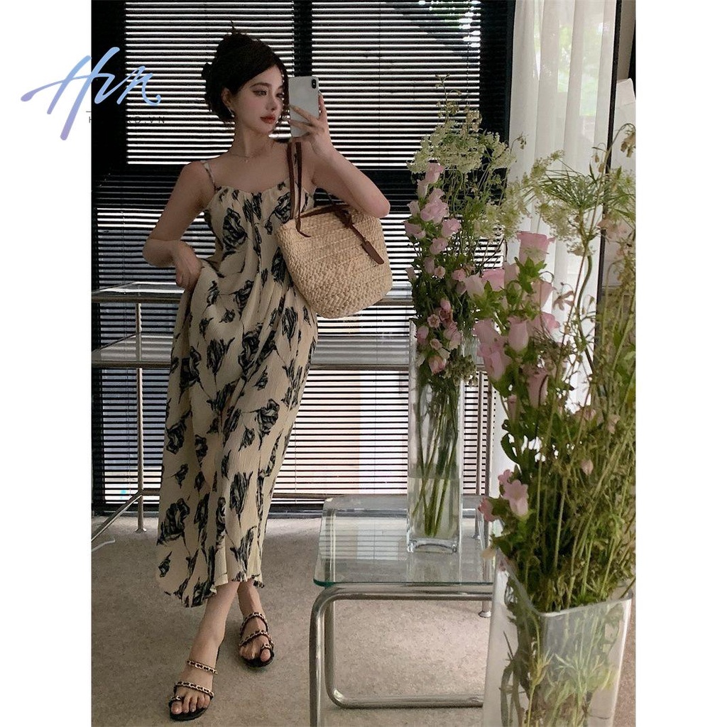 Đầm Hai Dây Dài Qua Gối Dáng Rộng In Họa Tiết Mực Cao Cấp Phong Cách Pháp Thời Trang Mùa Hè Cho Nữ