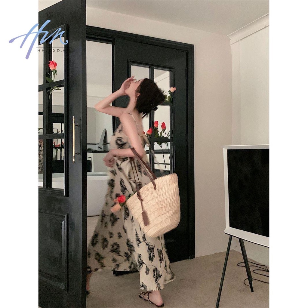 Đầm Hai Dây Dài Qua Gối Dáng Rộng In Họa Tiết Mực Cao Cấp Phong Cách Pháp Thời Trang Mùa Hè Cho Nữ