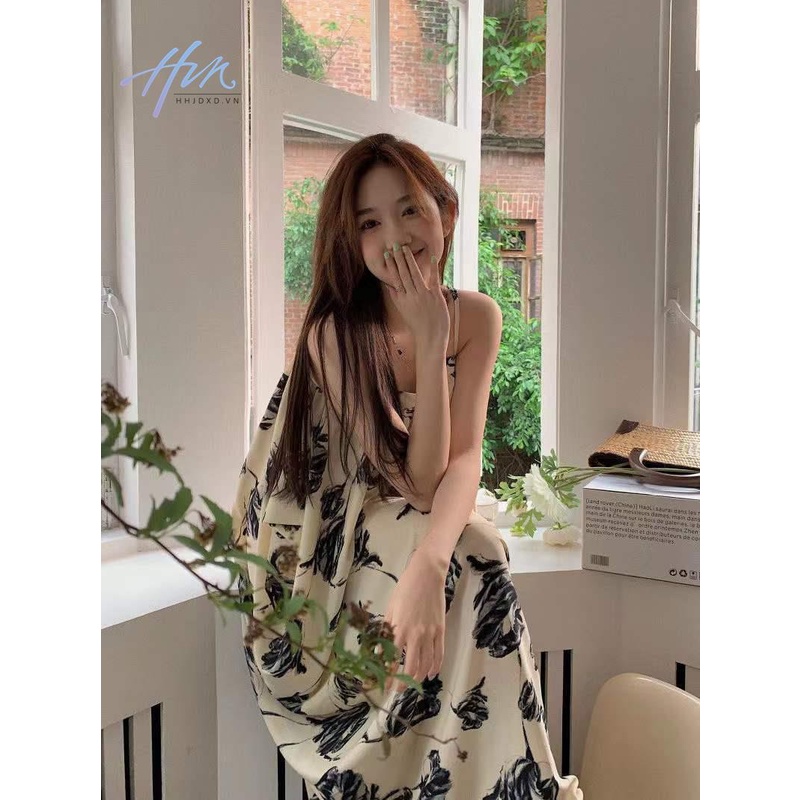 Đầm Hai Dây Dài Qua Gối Dáng Rộng In Họa Tiết Mực Cao Cấp Phong Cách Pháp Thời Trang Mùa Hè Cho Nữ