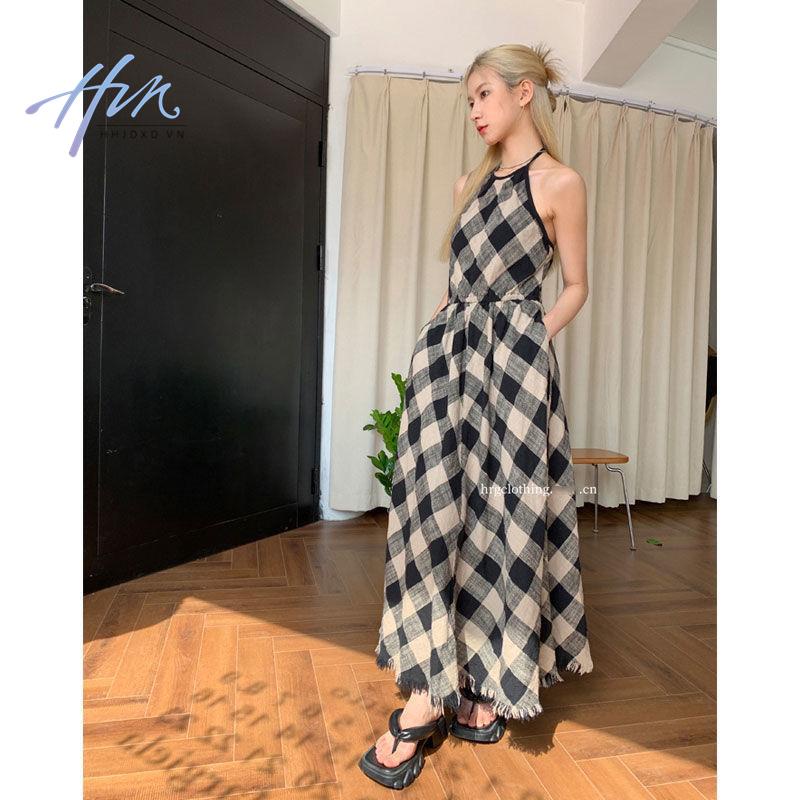 Đầm Hai Dây Dáng Dài Họa Tiết Sọc Caro Phong Cách Pháp Thời Trang Mùa Hè 2022 Mới Cho Nữ