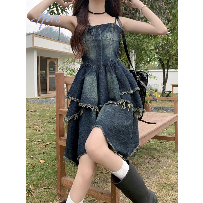 Đầm Denim Hai Dây Dáng Ôm Phong Cách Pháp Thời Trang Mùa Hè Cho Nữ
