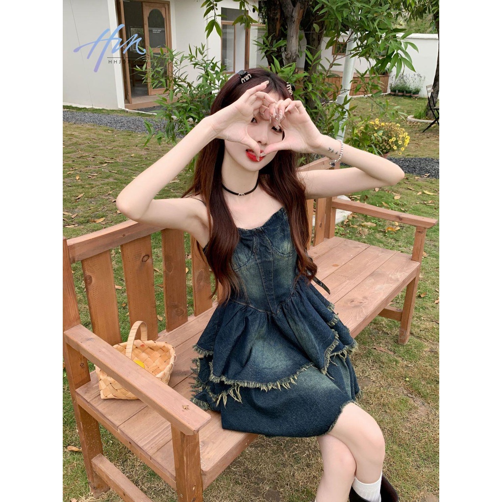 Đầm Denim Hai Dây Dáng Ôm Phong Cách Pháp Thời Trang Mùa Hè Cho Nữ