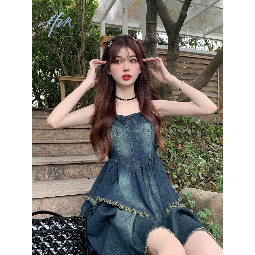 Đầm Denim Hai Dây Dáng Ôm Phong Cách Pháp Thời Trang Mùa Hè Cho Nữ
