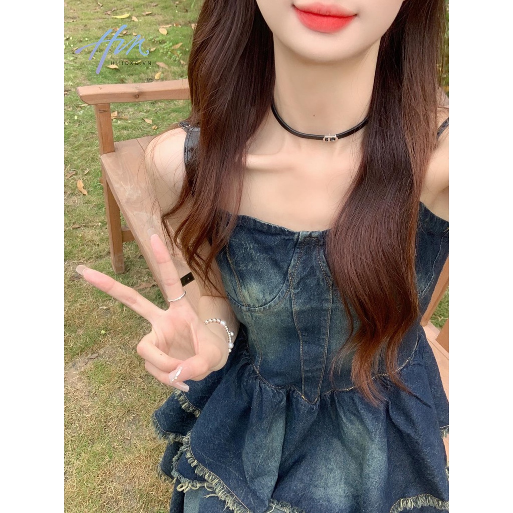Đầm Denim Hai Dây Dáng Ôm Phong Cách Pháp Thời Trang Mùa Hè Cho Nữ