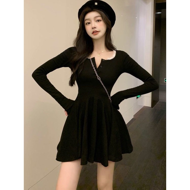 มั่นใจได้ว่าจะซื้อ Đầm Quấn Dệt Kim Màu Đen QWEEK Đầm Ngắn Tay Dài Ren Ôm Sát Phong Cách Hàn Quốc Cho Nữ Trang Phục Kpop