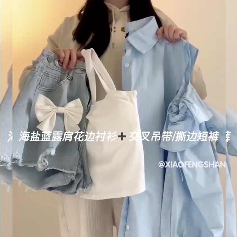 Set Áo Sơ Mi Và Quần Short Denim Họa Tiết Gấu Dâu Tây Phong Cách Hàn Quốc Thời Trang Mùa Hè 2023 Mới Cho Nữ