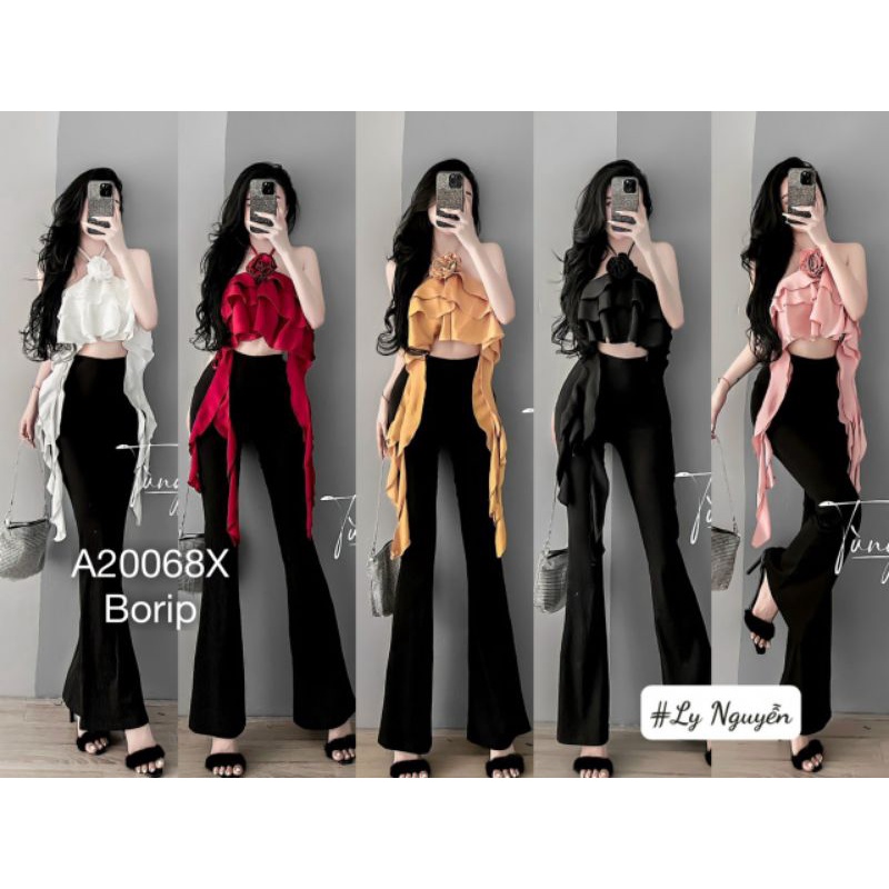 Áo yếm tầng tua rua hoa ngực ,áo croptop bèo cổ yếm thun zip nhiều màu