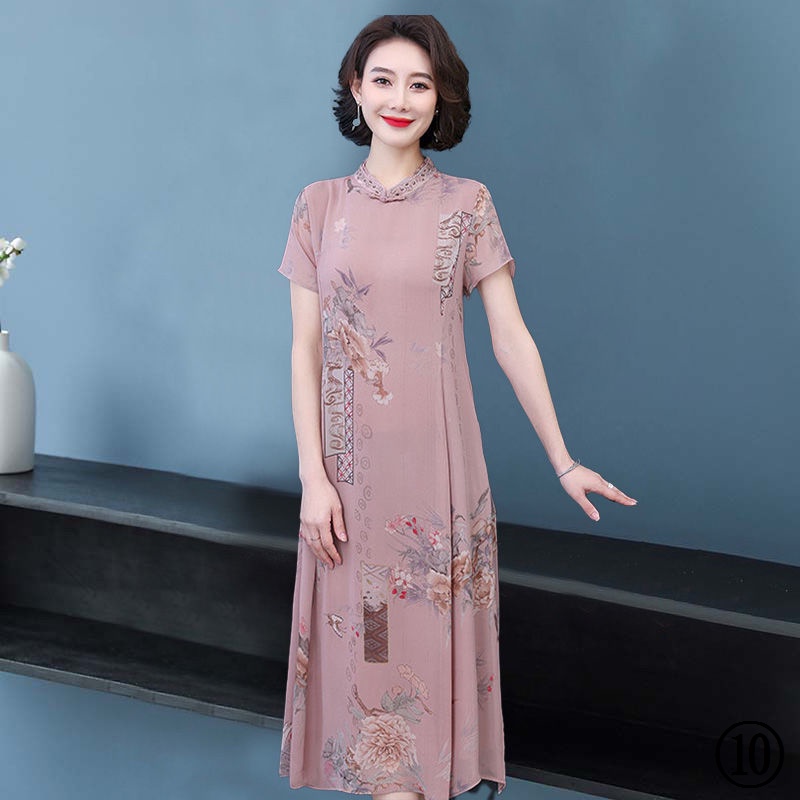 Đầm Sườn Xám Cách Tân Thời Trang Mùa Hè Hàng Mới Dành Cho Phụ Nữ Độ Tuổi Trung Niên 40-50