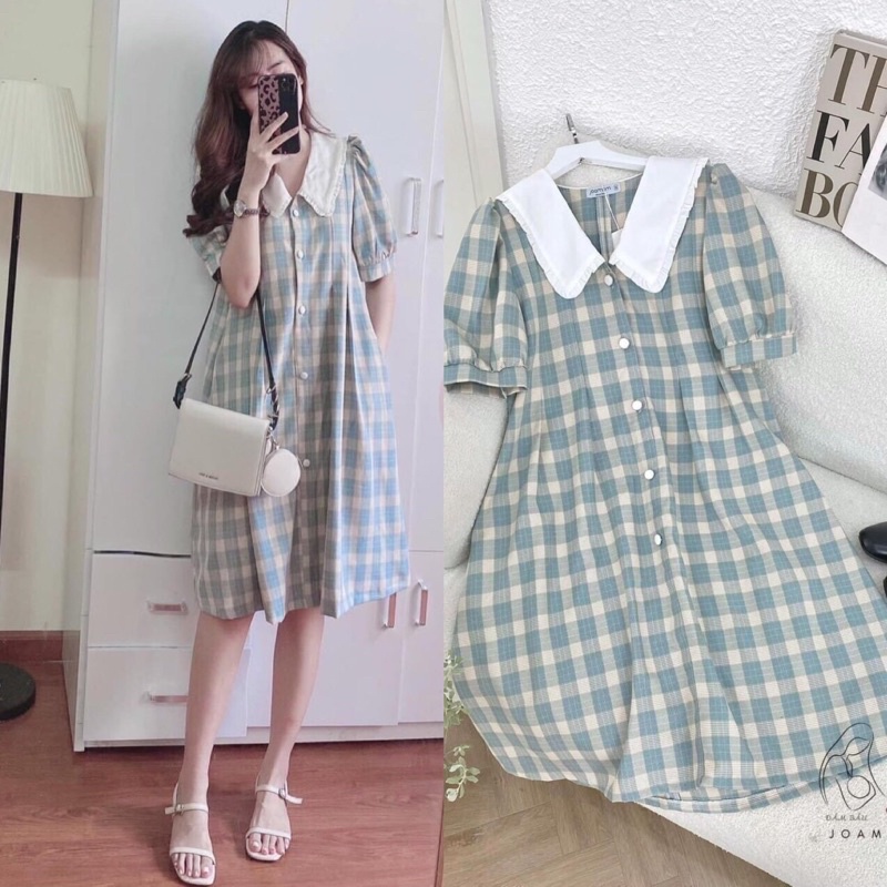 Váy bầu Dáng Suông kẻ xanh cổ sơ mi cách điệu cho bầu và sau sinh