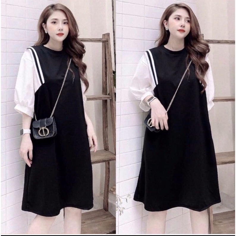 Váy bầu Dáng Suông Tay Lỡ Kiểu Sơ Mi Cổ Tròn Mặc Qua Đầu Gối, Kiểu dáng sang chảnh Mùa Hè
