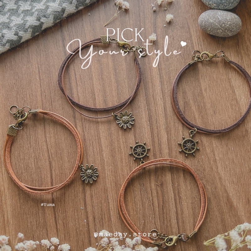 Vòng tay Yuma - Vòng da mix charm bánh lái, hoa cúc daisy