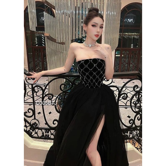 Đầm Xoè Dự Tiệc ,Váy Cúp Ngực Đính Đá Liền Chân Váy Lưới Maxi Dáng Dài Xẻ Cao Thiết Kế Sang Chảnh Quyến Rũ
