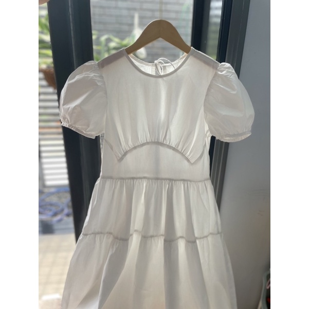 Đầm váy babydoll trắng rút nhún cotton