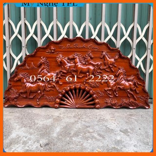 Tranh quạt trang trí mã đáo rát vàng nguyên khối bát mã gỗ hương cỡ 55x100 dày 4,5cm
