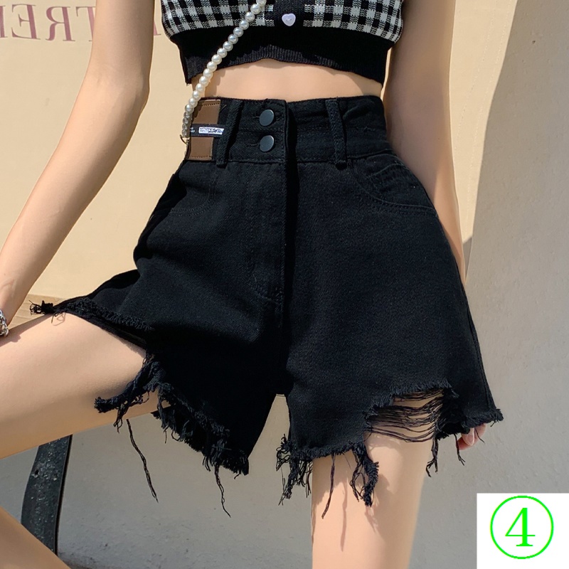 Quần Short Denim Đen Lưng Cao Dáng Chữ a Ống Rộng Rách Cá Tính Thời Trang Mùa Hè Cho Nữ