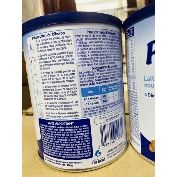 Sữa bột Physiolac Pháp số 1,2 400g