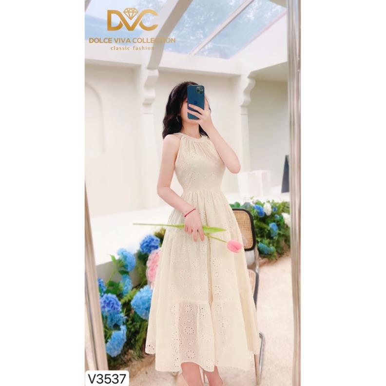 Bán sỉ V3537 Váy ren hoa nổi cổ yếm dáng xòe