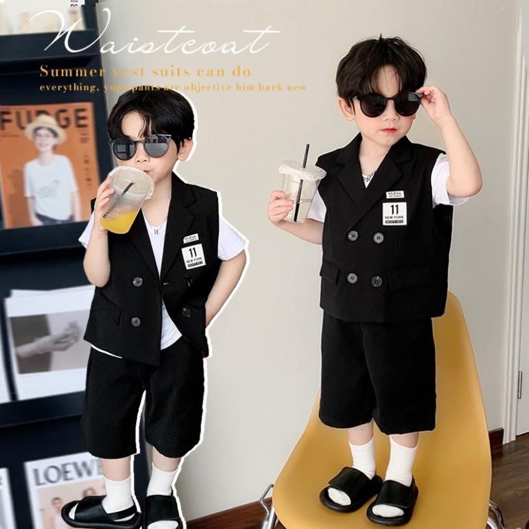 Quần áo cho bé trai 4 chi tiết, áo thun, áo gilet, quần short, kính phong cách Hàn Quốc HONGVYKIDS [New]