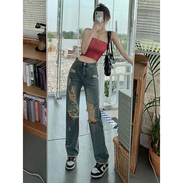 COZOKC Quần Jeans Skinny Lưng Cao Phối Rách Phong Cách Vintage