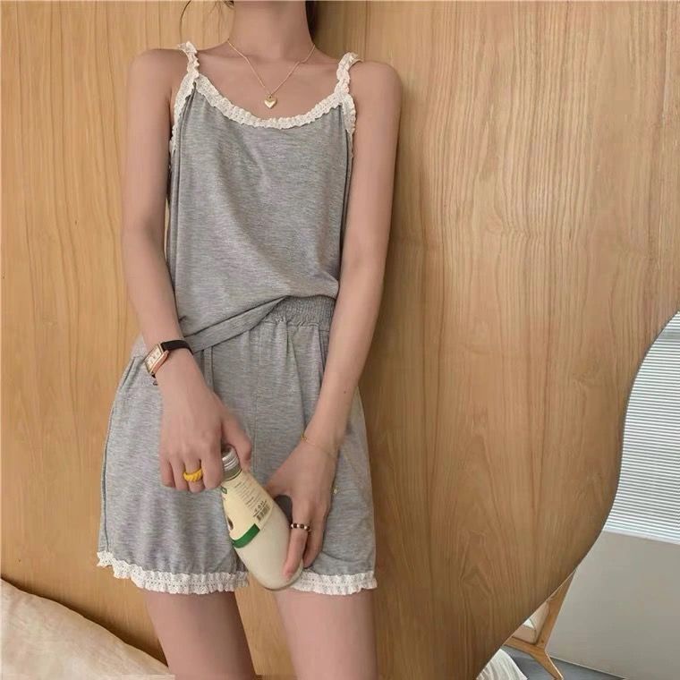 Bộ Đồ Ngủ Hai Dây Phối Ren Dáng Rộng Phong Cách Hàn Quốc Thời Trang Mùa Hè Cho Nữ
