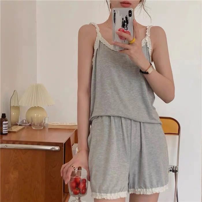 Bộ Đồ Ngủ Hai Dây Phối Ren Dáng Rộng Phong Cách Hàn Quốc Thời Trang Mùa Hè Cho Nữ