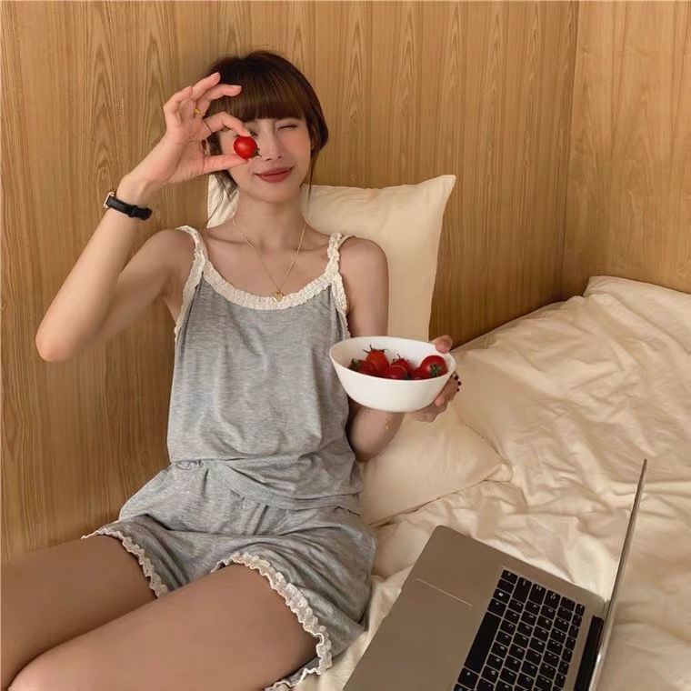 Bộ Đồ Ngủ Hai Dây Phối Ren Dáng Rộng Phong Cách Hàn Quốc Thời Trang Mùa Hè Cho Nữ