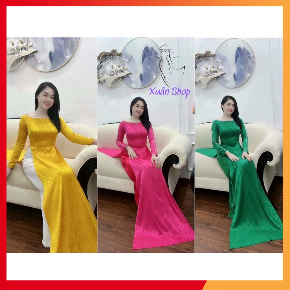 [Ảnh thật} Áo dài truyền thống gấm tơ CỔ THUYỀN đính ngọc trai dệt hoa văn đẹp may sẵn