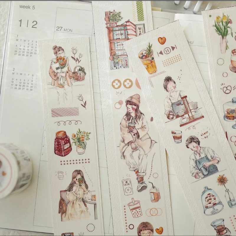 Krisna.room ♡ 1 chu kì 95cm cuộn băng dán hình cô gái pha cà phê của QQ studio