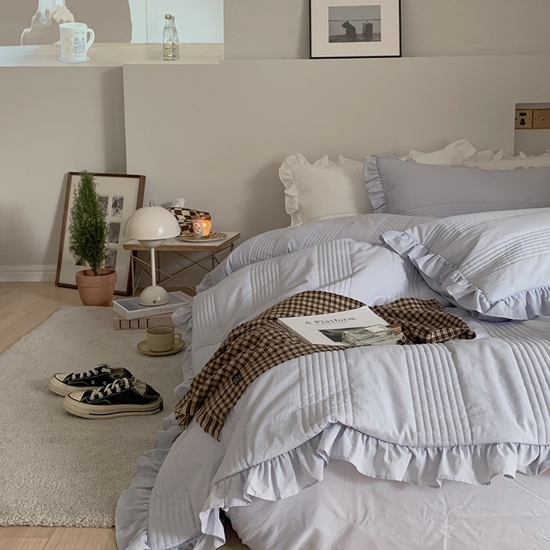 Ins Gió Hàn Quốc Khỏa Thân Ngủ Giặt Giường Cotton Bộ 4 Cô Gái Nhẹ Nhàng Trái Tim Nguyên Chất Vỏ Chăn ga Chần Gòn