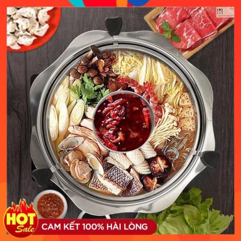 Nồi lẩu 2 ngăn đa năng dùng được mọi loại bếp đường kính 32cm chất liệu inox 304, Nồi lẩu mini 2 tầng đa năng