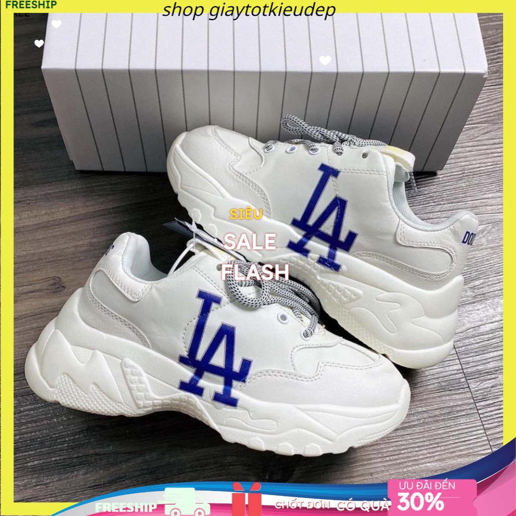 gtkd Giày độn đế MLB la trắng chữ xanh thể thao sneaker nam nữ Hot trend tăng chiều cao đế 5 phân
