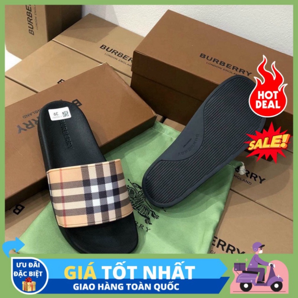 Nt Dép HOT TREND - Dép BUBERRY nam dép lê bbr love quai ngang đế cao su màu đen vàng