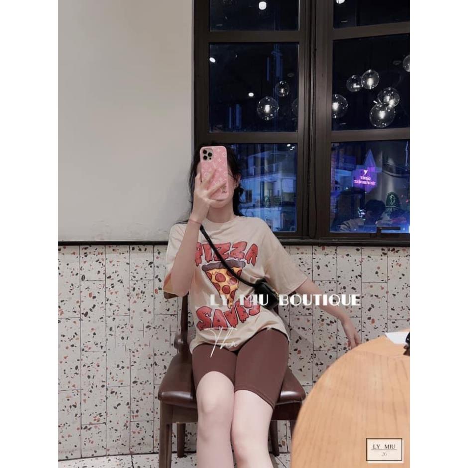 Set Bộ Đồ Nữ Áo Phông Pizza Form Rộng Tay Lỡ Giấu Quần Mix Quần Legging Ngố Lửng 2 Màu Mẫu Mới Freesize