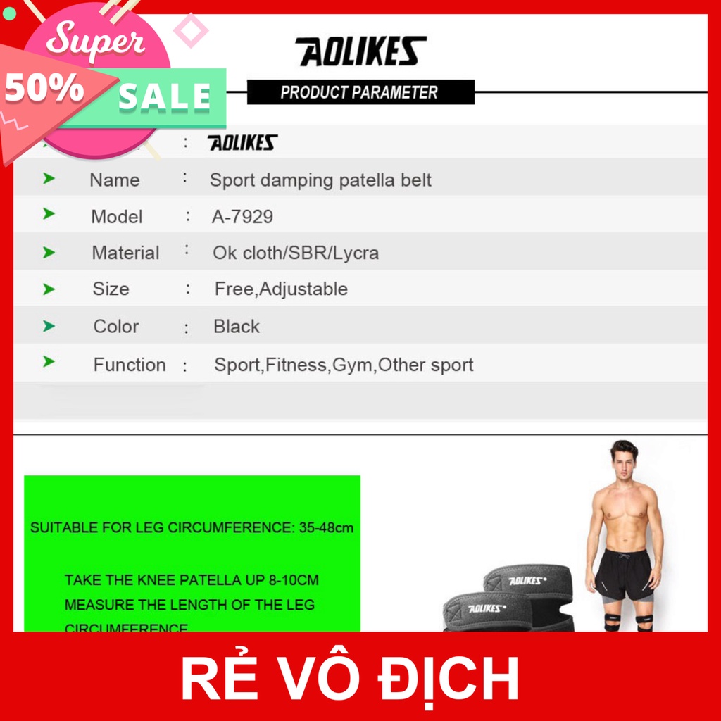 Bó gối Sport Aolikes A-7929 Đai tương trợ xương bánh chè che chở đầu gối Băng gối đàn hồi co dãn 7929 sport knee protect