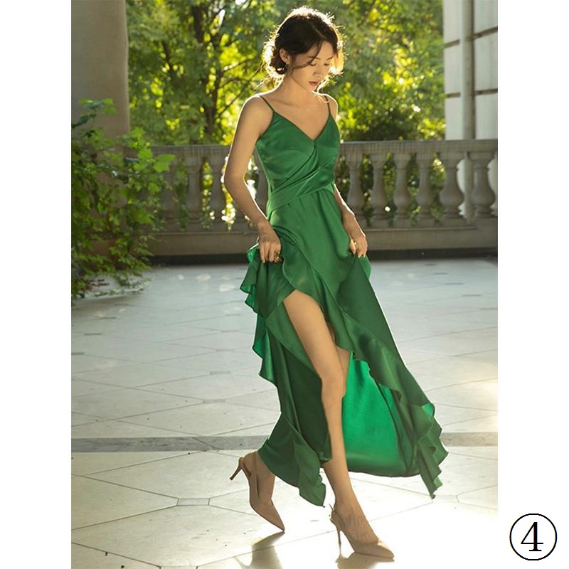 Đầm Hai Dây Vải Satin Cao Cấp Dáng Ôm Xẻ Tà Hông Phối Bèo Kiểu Retro Pháp Quyến Rũ