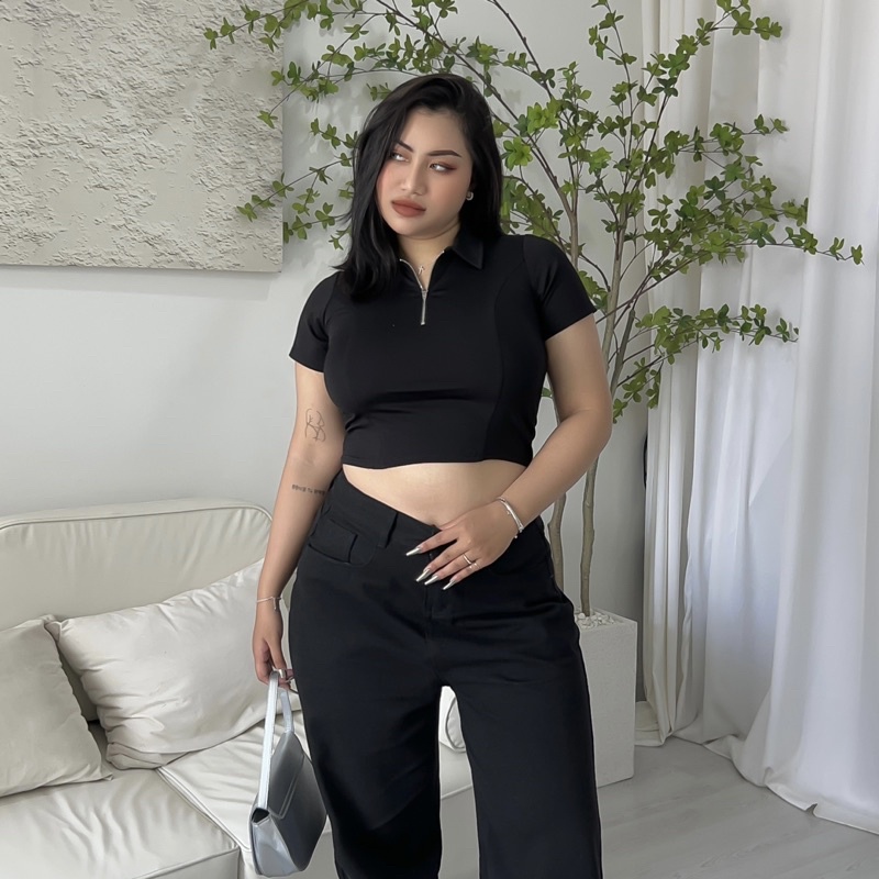 Áo Croptop Nữ Bigsize Ngắn Tay ( 50 - 85KG ) Màu Đen Cổ Polo Dây Kéo Co Giãn Tốt - HOANH BIGSIZE