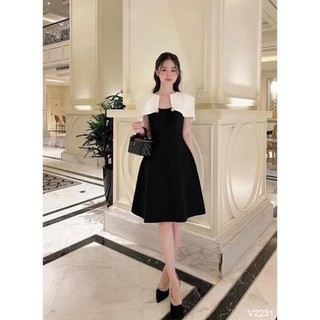 V96 Váy dự tiệc, Đầm dự tiệc chất umi phối cổ trắng đính khuy sang chảnh