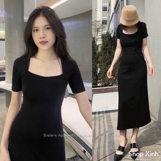 ĐẦM ĐEN CỔ VUÔNG DÁNG DÀI