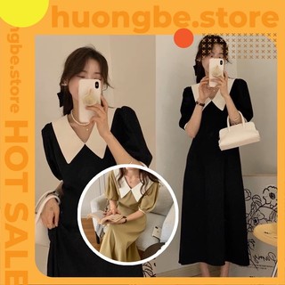 Váy đầm Dáng dài HUONGBE tay bồng tiểu thư , thắt eo phối cổ thanh lịch đi làm, đi chơi
