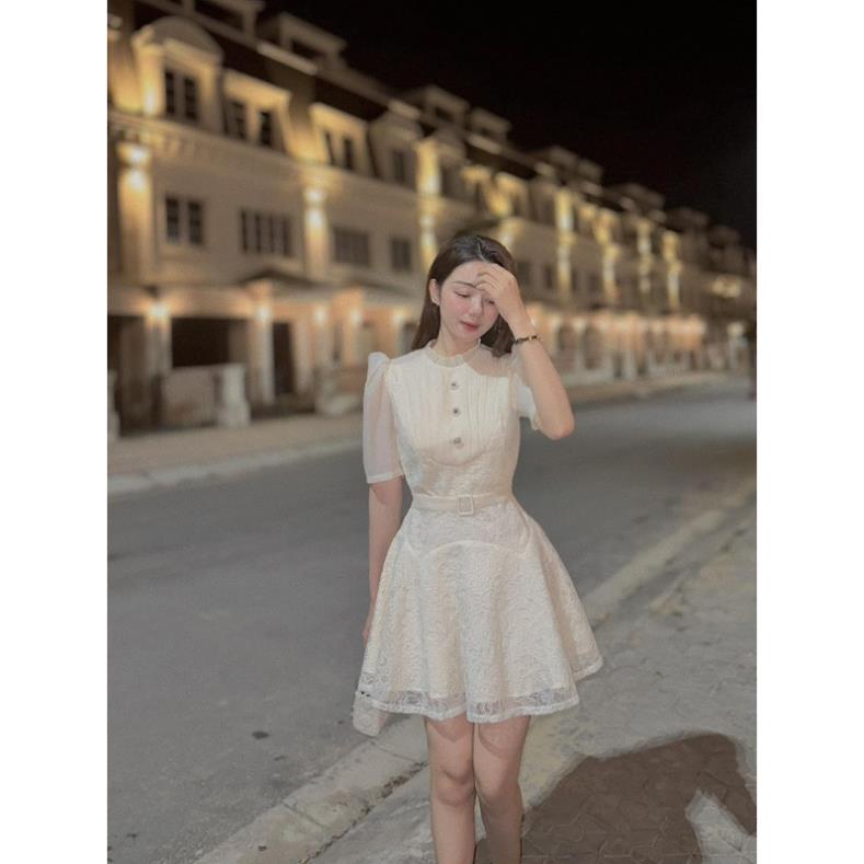 bán sỉ đầm ren phối tơ nhăn đau eo cổ bèo dự tiệc