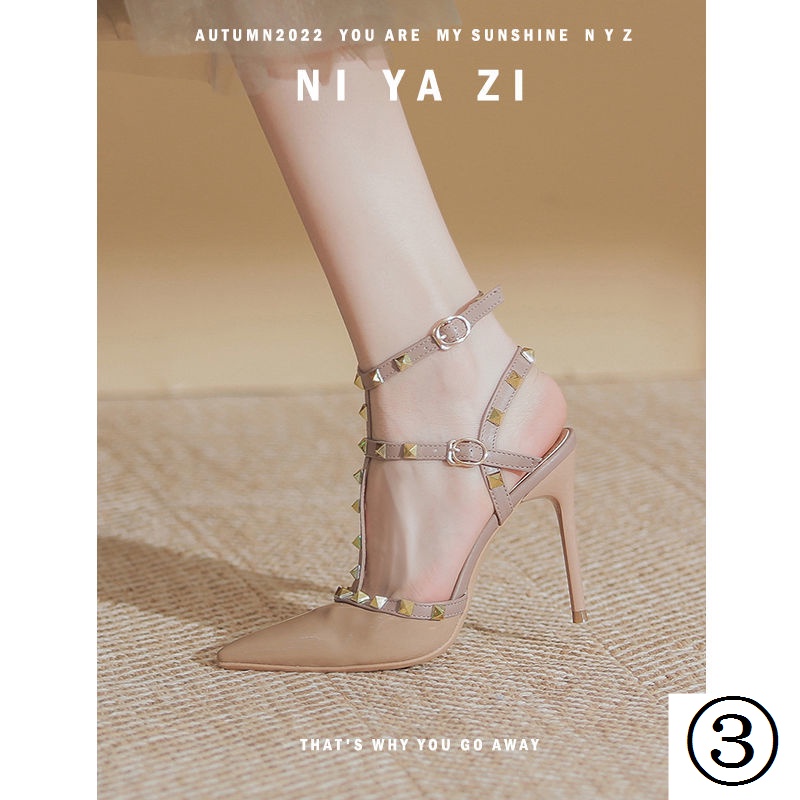 Giày Cao Gót Da Bóng Mũi Nhọn Đính Đinh Tán Thời Trang Mùa Hè Cho Nữ