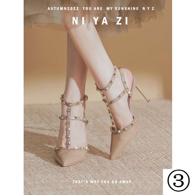 Giày Cao Gót Da Bóng Mũi Nhọn Đính Đinh Tán Thời Trang Mùa Hè Cho Nữ