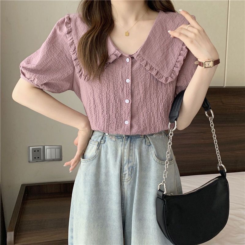 Áo Sơ Mi Chiffon Tay Ngắn Dáng Rộng Màu Tím Thời Trang Mùa Hè Phong Cách Hàn Quốc Cho Nữ