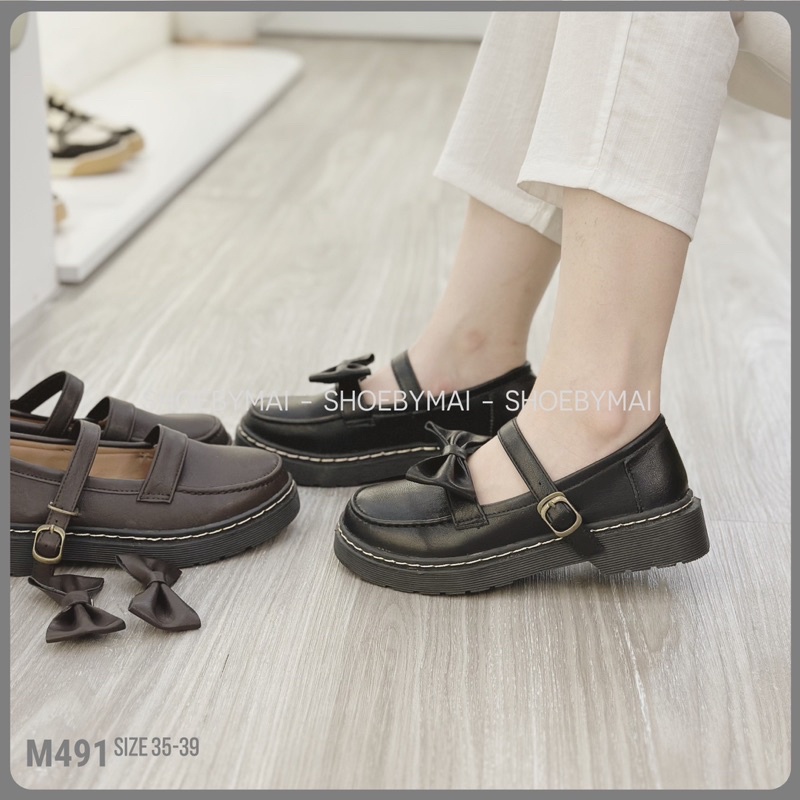 Giày loafer quai ngang đế bằng có nơ và trơn M491 - đi 2 kiểu