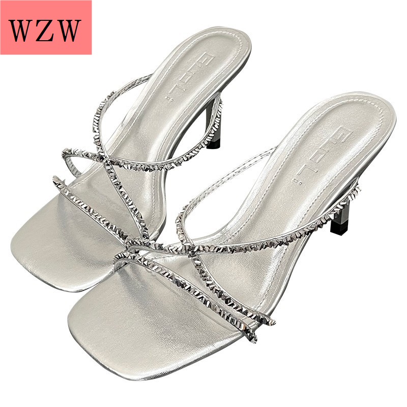 Sandal Cao Gót Mùa Hè 2023 Đính Đá Kim Cương Giả Màu Bạc Phong Cách Mới Quyến Rũ Cho Nữ