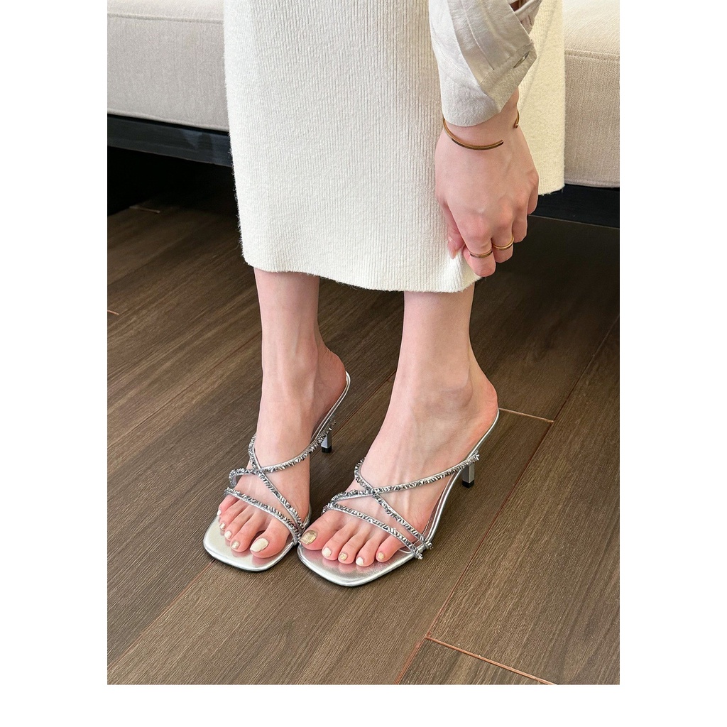 Sandal Cao Gót Mùa Hè 2023 Đính Đá Kim Cương Giả Màu Bạc Phong Cách Mới Quyến Rũ Cho Nữ