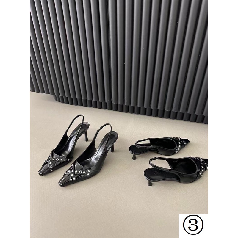 Giày Cao Gót Mũi Nhọn Gót Vừa Quai Chéo Khóa Kim Loại Phong Cách Mới Xuân Hè 2023