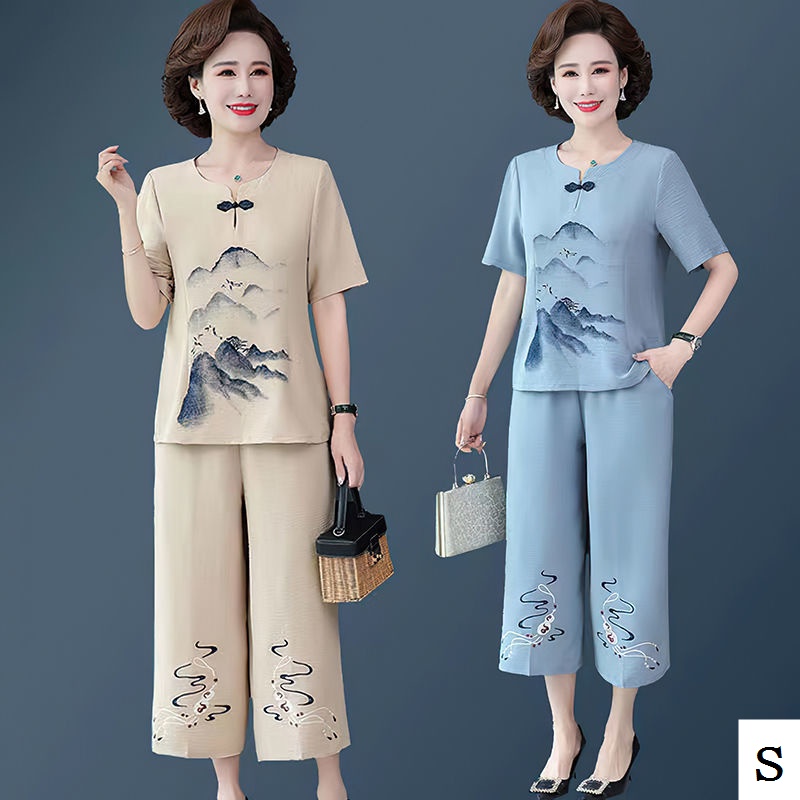 Bộ Quần Áo Vải Lanh Cotton Dáng Rộng Phong Cách Phương Tây Thời Trang Mùa Hè 5060 Cho Phụ Nữ Trung Niên