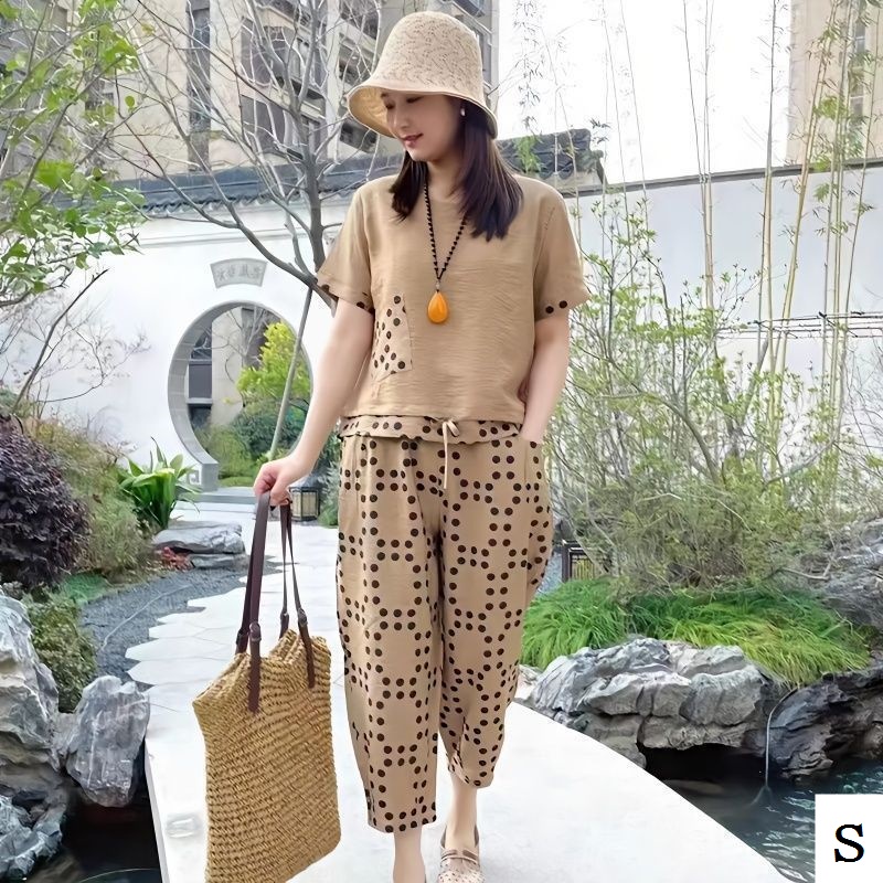 Set Áo Thun Ngắn Tay + Quần Dài Thời Trang Cho Phụ Nữ Trung Niên